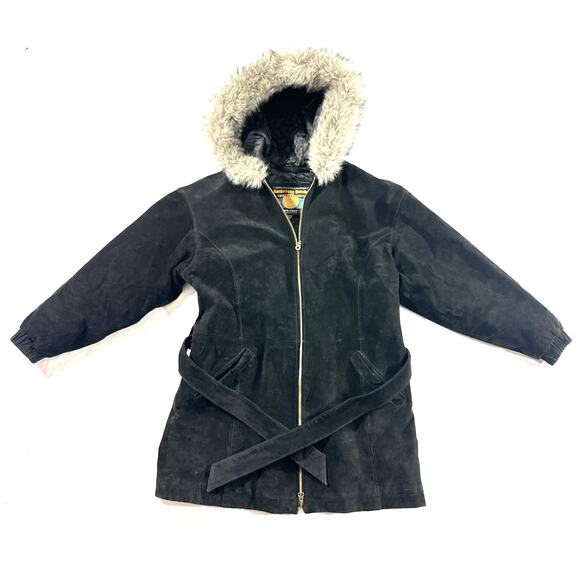 Wilsons Leather Adventure Bound Black Suede Coat Women’s Small Hooded Faux Fur - Picture 1 of 9